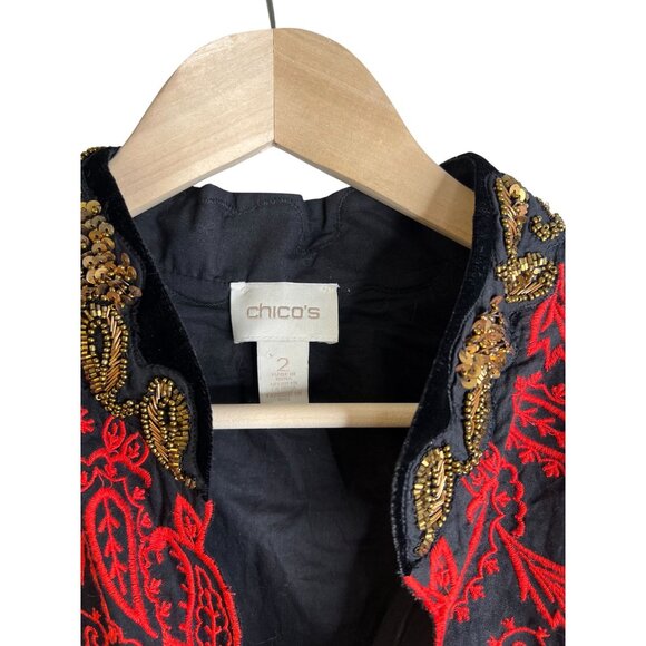 Chico’s Size 2 US 12 L Red Embroidered Paisley Sequin Jacket Blazer Boho Dress - Picture 5 of 7